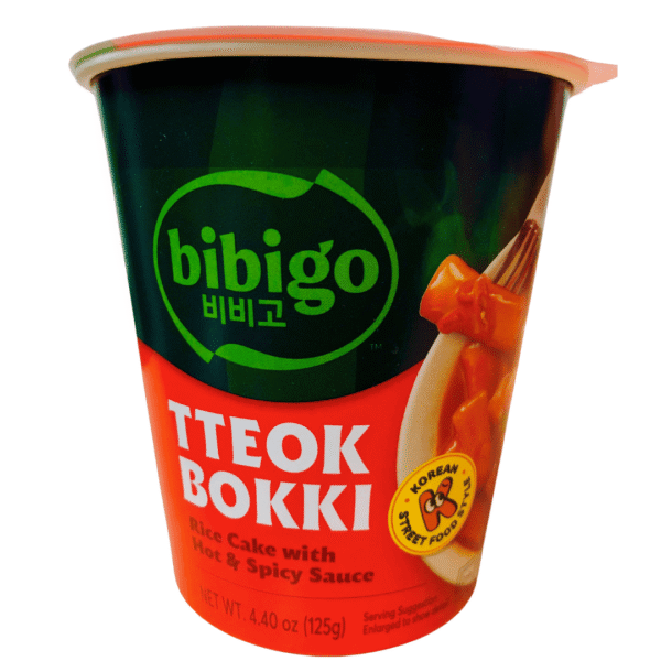 A container of Bibigo Tteokbokki Rice Cake with Hot & Spicy Sauce