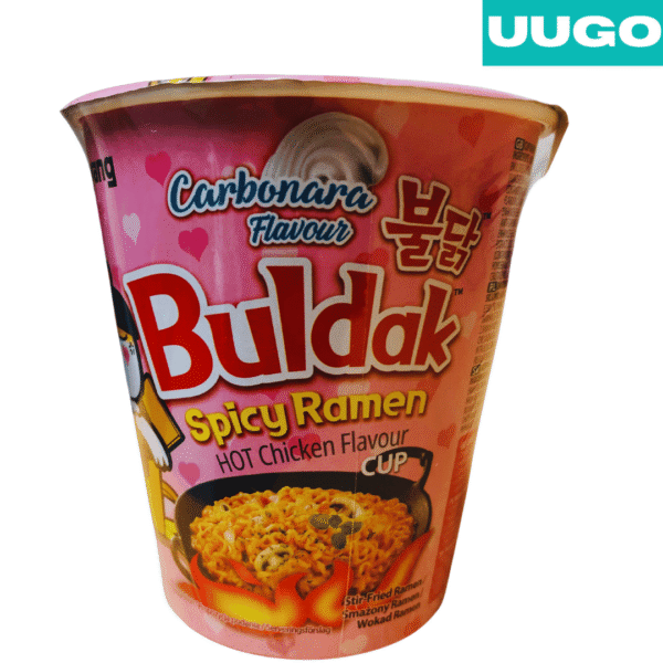 a pink container of creamy carbonara buldak noodles